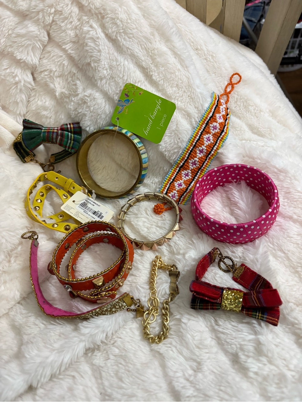 Ten Assorted Women’s Bracelet Set - Pink, Orange, Yellow, Green, Gold, Plaid